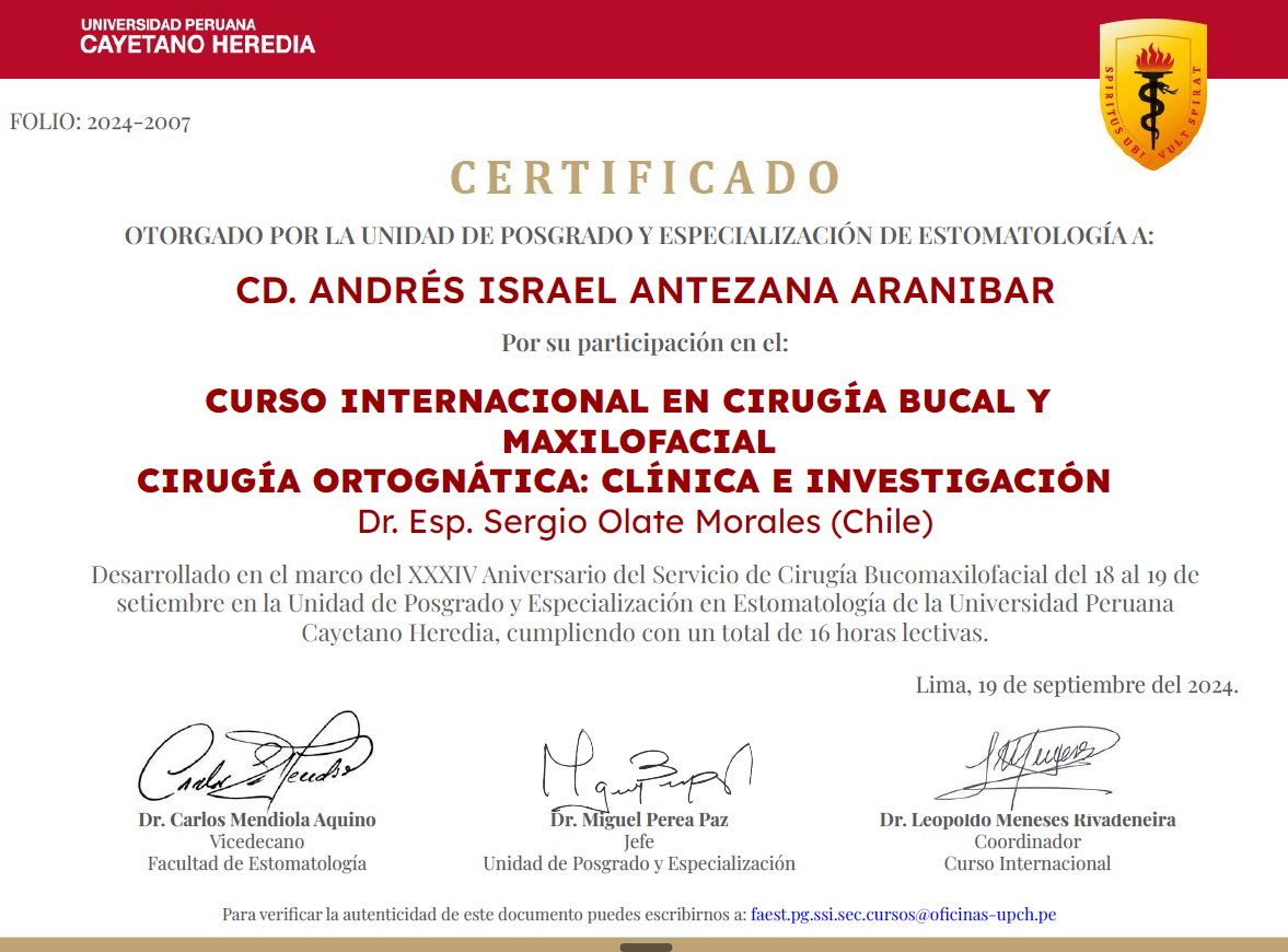 Certificado Universidad Peruana Cayetano Heredia - Cirugía Bucal y Maxilofacial