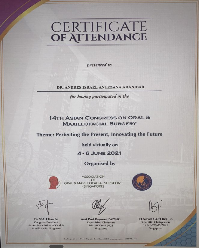 Certificado 14th Asian Congress on Oral & Maxillofacial Surgery - Singapur