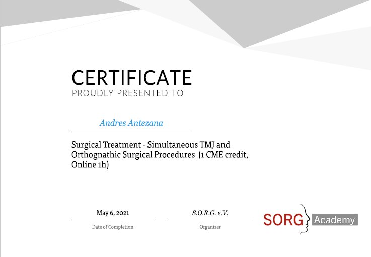 Certificado SORG Academy - Cirugía TMJ y Ortognática